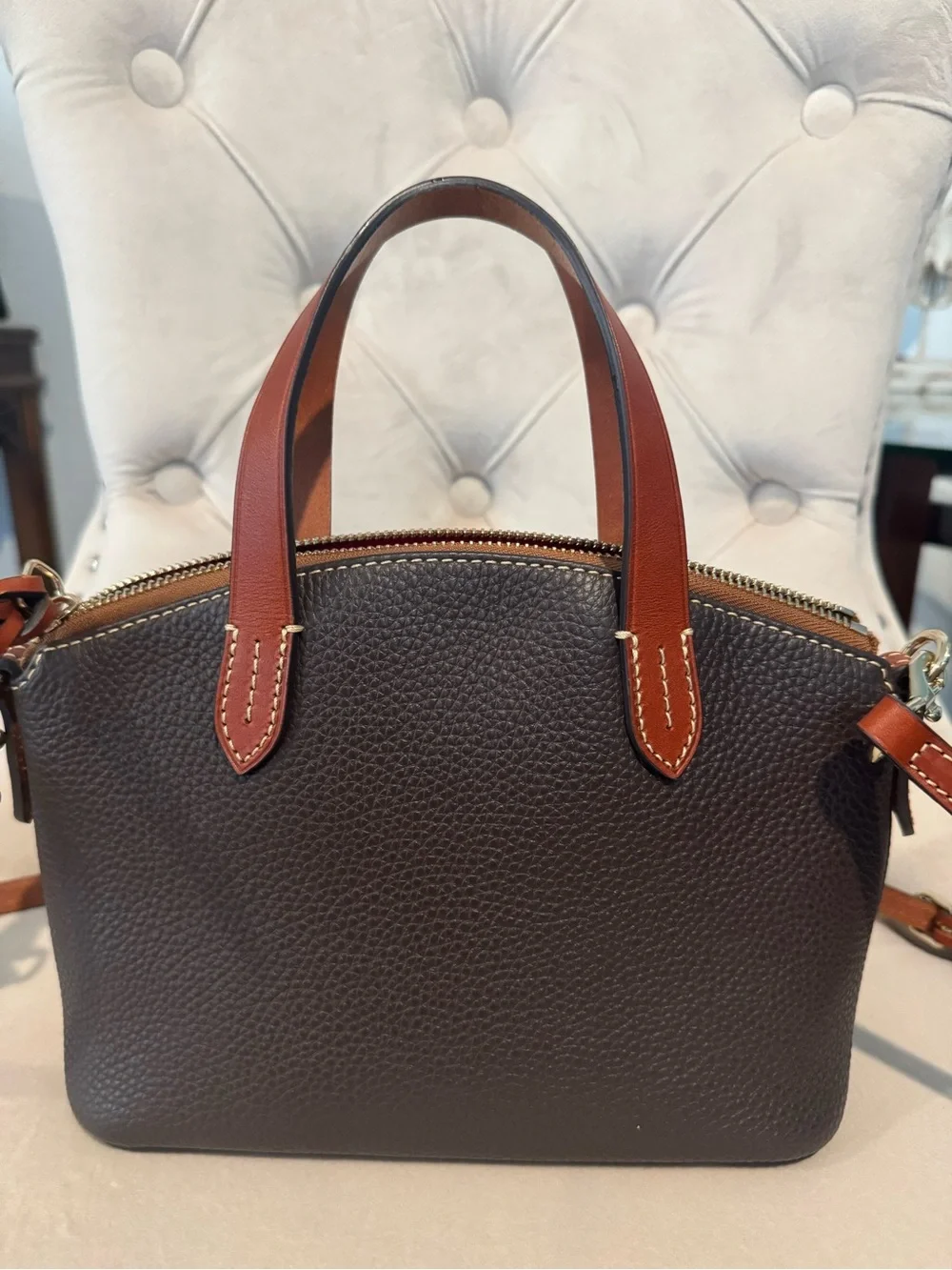 Dooney & Bourke Brown Pebbled Leather Satchel with Tan Trim